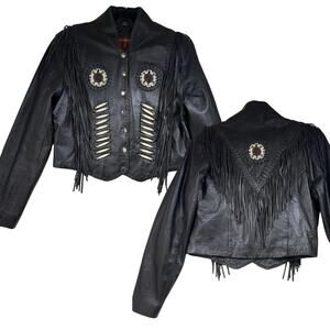 Vintage Fringe Leather Moto Jacket Womens Large Beaded Western Southwestern